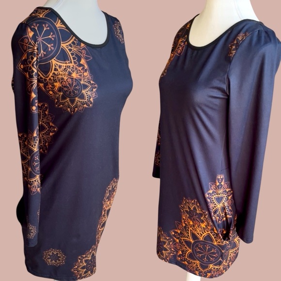 Elegant  Black  and Orange Long Sleeve Dress - Picture 4 of 7